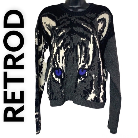 Retrod Grey With Tiger Print Logo Long Sleeve Knitted Sweater Size M - Picture 1 of 13
